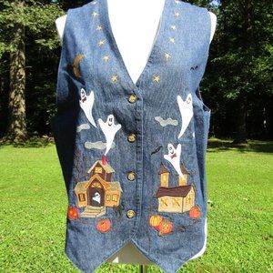 Vintage Karen Scott Halloween Appilique Denim Vest